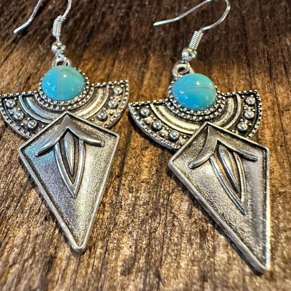 Boho Hippie Vintage Arrow Dangle Wire Earrings, Turquoise Stone, Gift Box - Picture 8 of 12